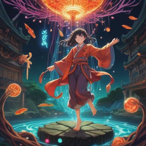 A mystical illustration depicting a person with their left foot raised, surrounded by swirling ethereal lights, symbols of good fortune floating around, gentle aura of positivity, serene facial expression, nature-inspired background with soft, glowing elements, conveying spiritual awakening, 4k