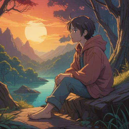 A serene and contemplative scene depicting a person sitting cross-legged, pondering deeply, with a subtle aura around their left foot, gentle light illuminating the area, nature surrounding them with lush greenery and soft, dappled sunlight, symbolic representations of spiritual signs in the background, peaceful atmosphere, reflective mood, rich textures, 4k