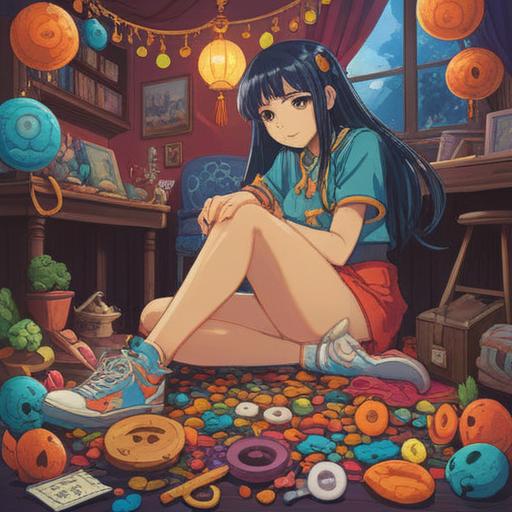 A whimsical illustration of a person scratching their left leg, surrounded by various lucky charms and talismans, vibrant colors, cheerful atmosphere, playful character design, detailed background of a cozy room, engaging scene, 4k