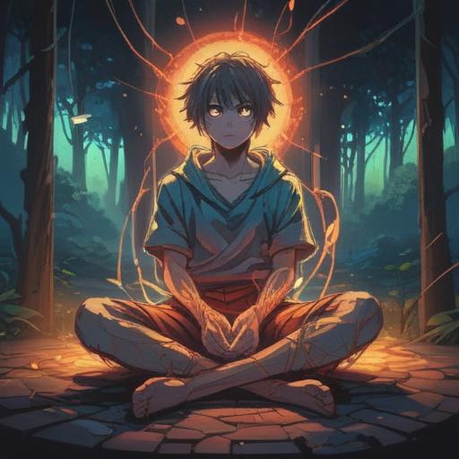 A symbolic illustration depicting a person sitting cross-legged with a bandaged left foot, surrounded by glowing energy and ethereal light, serene expression, nature elements like flowers and trees symbolizing healing, cosmic patterns in the background, conveying spiritual significance, peaceful atmosphere, inspiring scene, 4k