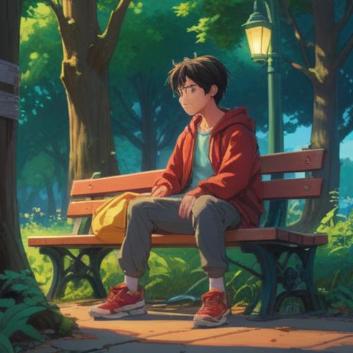 A reflective scene depicting a person sitting on a park bench with their left leg bandaged, surrounded by nature, serene environment, soft sunlight filtering through the trees, symbolic elements representing spiritual signs, such as feathers and glowing orbs, thoughtful expression on the person's face, indicating self-awareness and introspection, calming atmosphere, 4k