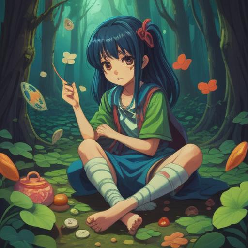 A whimsical illustration of a person with a bandaged left leg, surrounded by lucky charms, including a four-leaf clover, a horseshoe, and a lucky coin, bright and hopeful atmosphere, playful color palette, detailed textures on the charms, serene park setting, uplifting mood, 4k