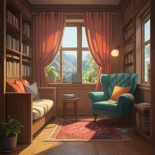A serene and tranquil scene depicting a cozy reading nook, sunlight filtering through soft curtains, a comfortable armchair with a warm blanket, surrounded by plants and books, a steaming cup of tea on a side table, inviting atmosphere, peaceful vibes, emotional comfort, 4k