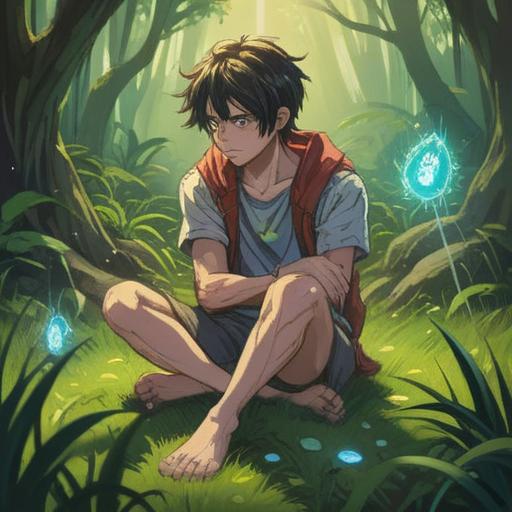 A whimsical illustration of a person sitting cross-legged on the grass, scratching their left foot, a sparkling lucky stone glowing beside them, surrounded by vibrant wildflowers, a bright blue sky with fluffy clouds, playful butterflies dancing around the scene, cheerful ambiance, clear focus on the foot and lucky stone, enchanting nature setting, 4k