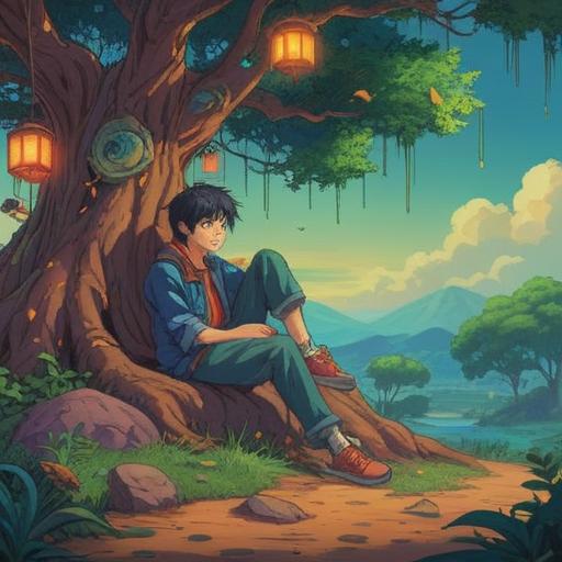 A surreal illustration depicting the hidden meaning behind left foot itch, a mysterious figure pondering while sitting under a tree, vibrant colors, intricate symbolism surrounding the foot, abstract elements representing emotional struggles, dream-like atmosphere, thoughtful expression, 4k