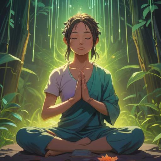 A serene representation of spiritual awakening, depicting a person meditating with a gentle glow surrounding their left shoulder, symbolic light beams representing healing energy, a calm nature backdrop with soft trees and flowers, an aura of tranquility, vibrant colors blending harmoniously, peaceful expression, spiritual symbols subtly integrated into the scene, 4k