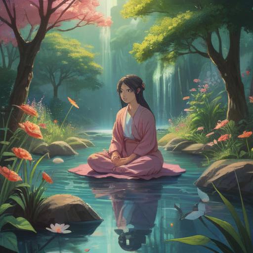 A serene and peaceful scene depicting a person meditating, surrounded by gentle nature elements like flowing water and soft flowers, ethereal light illuminating the surroundings, harmonious colors blending together, a sense of calm and balance, spiritual symbols subtly incorporated in the background, 4k