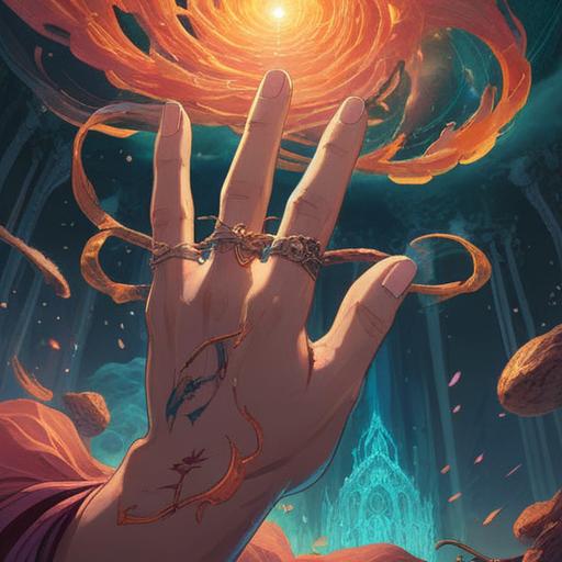 A mystical illustration depicting a left index finger injury, vibrant energy swirling around the hand, symbols of spirituality and healing, ethereal light emanating from the wound, deeper connections to intuition and guidance, serene atmosphere, delicate details reflecting emotional depth, 4k
