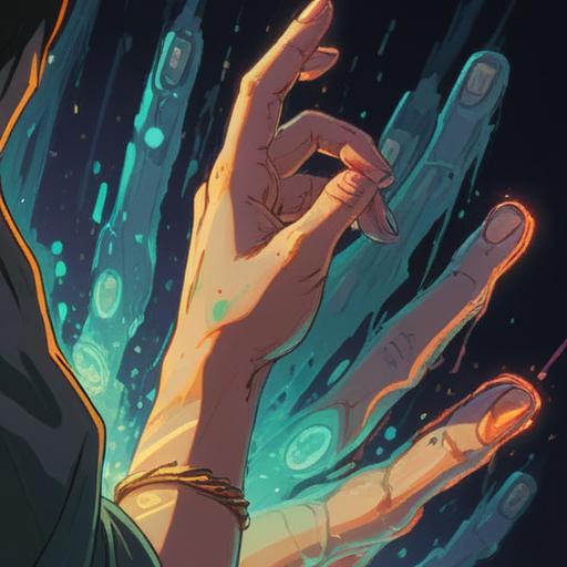A close-up of a left hand with an injured index finger, surrounded by ethereal light and soft, glowing symbols, depicting spiritual energy flowing from the injury, nature elements like leaves and flowers intertwining around the hand, serene background with a gentle color palette, conveying healing and positive energy, mystical atmosphere, 4k