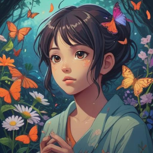 A mystical and serene landscape, a person softly scratching their left ear, surrounded by vibrant flowers and glowing butterflies, symbolic of spiritual awakening and positive energy, warm sunlight filtering through the trees, tranquil atmosphere, harmonious colors, 4k