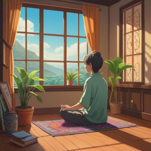 A serene scene depicting a person meditating in a peaceful room, soft sunlight filtering through a window, calming ambiance, gentle sound waves illustrated around the head, soothing colors, mindfulness elements like candles and plants, a sense of tranquility and focus, 4k