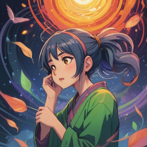 A serene illustration of a person gently scratching their left ear, surrounded by ethereal light, symbols of harmony and peace, soft aura emanating, mystical elements like feathers and sparkles, calming nature backdrop, tranquil vibe, spiritual awakening, 4k