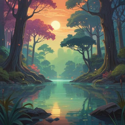 A serene and mystical landscape representing the spiritual meaning of tinnitus in the left ear, ethereal light filtering through trees, tranquil water reflecting the sky, symbols of intuition and awareness in the surroundings, a path leading to a glowing portal, soft colors, harmonious atmosphere, otherworldly presence, 4k