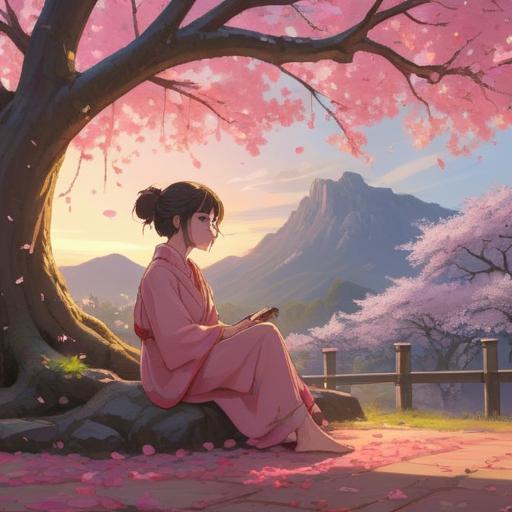 A serene landscape featuring a person sitting under a cherry blossom tree, soft pink petals gently falling, a peaceful expression on their face, symbolizing spiritual connection and intuition, vibrant colors, harmonious atmosphere, subtle hints of twin flames represented by two glowing orbs in the background, a sense of enlightenment and hope, 4k