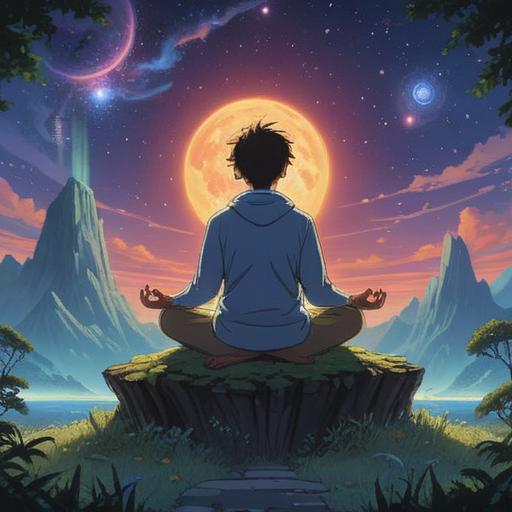 A mystical scene depicting a deep spiritual connection, showcasing a person meditating under a starry sky, subtle glow around the left ear symbolizing tinnitus, ethereal energy flowing between two figures, representing twin flames, serene atmosphere, lush surroundings, soft light illuminating their faces, connection of souls, 4k