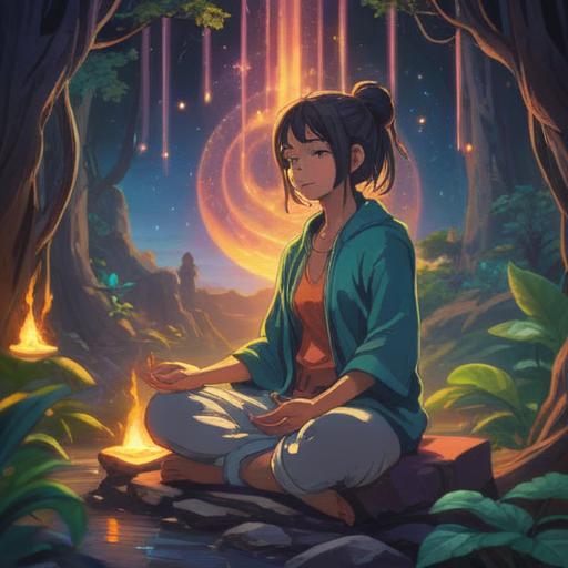 A mystical and serene representation of spiritual awakening, featuring a person meditating peacefully with their left ear illuminated, soft glowing light surrounding them, symbols of sound waves emanating from the ear, lush nature backdrop, ethereal atmosphere, harmony and balance, subtle hints of energy flow, 4k