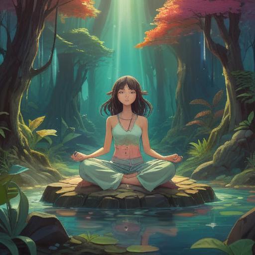 A serene and mystical illustration, featuring an ethereal figure meditating, vibrant colors representing energy flow, soft light emanating from the left ear, symbols of spirituality and awareness, a tranquil background with nature elements, aura surrounding the figure, conveying a sense of calm and connection, 4k