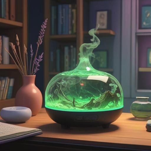 A serene wellness scene, a calming aroma diffuser with soft, flowing steam, a tranquil environment, soothing colors of lavender and green, essential oils scattered around, a person sitting peacefully with a gentle smile, light rays filtering through plant leaves, representing relaxation and positivity, 4k