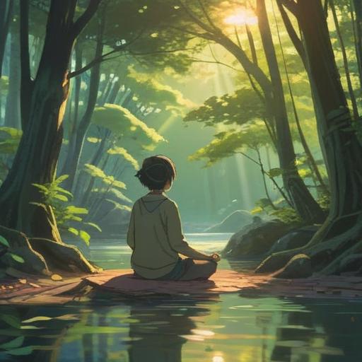 A serene scene depicting a person meditating in a tranquil environment, soft sunlight filtering through trees, gentle waves of light surrounding them, symbols of calmness and peace in the atmosphere, mind and body connection illustrated with harmonious colors, nature elements like flowers and birds enhancing the sense of relief, soothing background ambiance, 4k