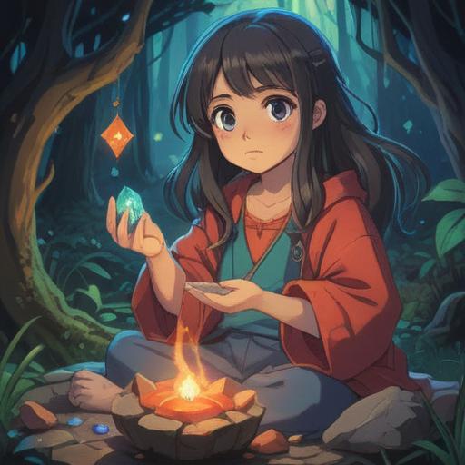 A serene scene depicting a person sitting comfortably, holding a shimmering lucky stone in their right hand, with a thoughtful expression, soft light filtering through leaves, a peaceful garden setting, the left ear subtly highlighted to emphasize the itch, colorful stones scattered around, inviting atmosphere, a sense of tranquility, 4k