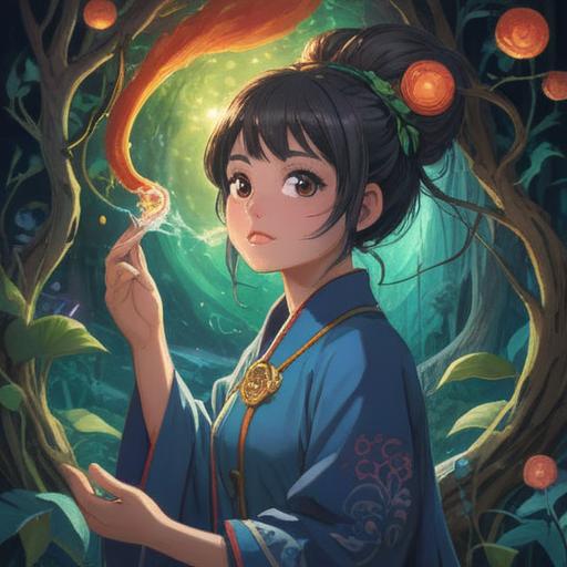 A serene and mystical illustration, a person gently touching their left ear, glowing energy emanating from the ear, surrounded by ethereal symbols, a calming nature background, warm sunlight filtering through trees, a feeling of tranquility and positive vibes, spiritual interpretation, 4k