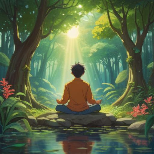 A serene illustration of a person meditating in a tranquil environment, soft sunlight filtering through leaves, soothing nature sounds in the background, calm water reflecting the sky, gentle breeze rustling the trees, closed eyes, serene facial expression, nature therapy, peaceful mind reset, 4k