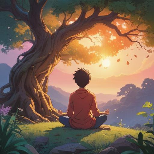 A serene and mystical scene depicting a person meditating under a glowing tree, soft light enveloping the area, left side emphasis with gentle energy flowing towards the lower back, symbols of healing and spirituality around, calm expression, nature elements harmonizing, ethereal atmosphere, vibrant colors, 4k