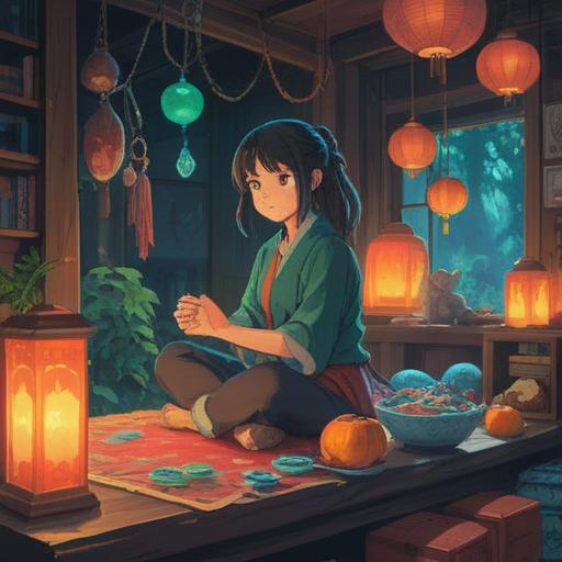 A soothing scene depicting a person gently stretching with a serene expression, surrounded by calming colors and soft light, symbols of luck like four-leaf clovers and horseshoes floating in the air, a peaceful background with nature elements, conveying a sense of relief and positivity, 4k