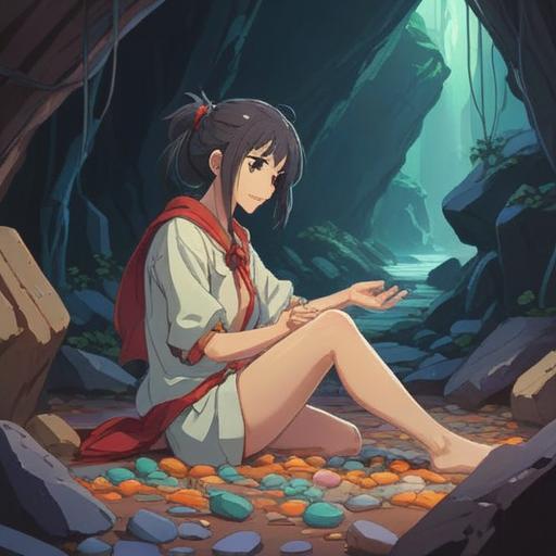 A serene scene depicting a person touching their left hip in discomfort, surrounded by various lucky stones, soft natural lighting, calming colors, a gentle ambiance, a focus on the stones' textures and colors, a tranquil setting with plants in the background, peaceful atmosphere, 4k