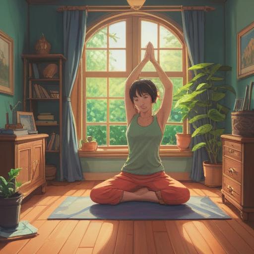 A serene illustration depicting a person practicing yoga in a peaceful living room, soft sunlight streaming through the window, gentle stretching poses, minimalistic decor, relaxing atmosphere, emphasis on balance and wellness, 4k