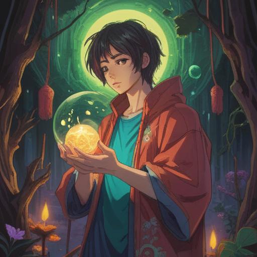 A serene and introspective illustration, depicting a person holding their left shoulder in discomfort, surrounded by ethereal light, symbols of spiritual healing, a soft aura of calmness, nature elements like trees and flowing water in the background, an atmosphere of reflection and inner peace, vibrant colors blending together, 4k