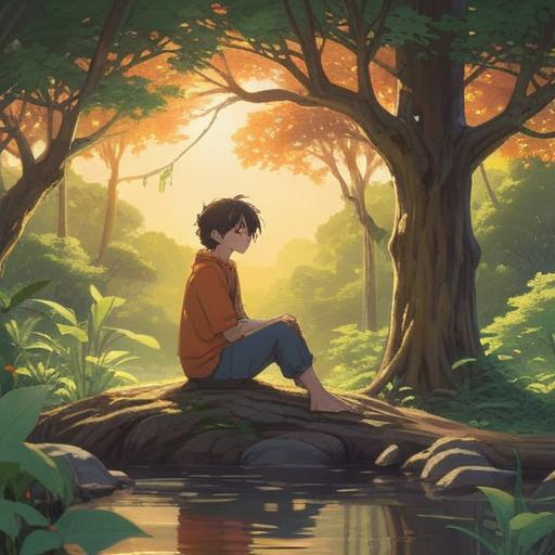 A serene and uplifting scene depicting a person sitting peacefully in a meditative pose, warm sunlight breaking through the trees, surrounded by gentle nature, colorful flowers symbolizing healing, soft glow around the shoulder area, representation of spiritual awakening and positive energy, cheerful birds in the background, a sense of tranquility and enlightenment, vibrant colors, 4k