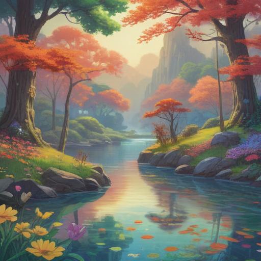 A serene landscape depicting spiritual healing, soft ethereal light, tranquil nature elements such as flowing water and blooming flowers, harmonious color palette, peaceful atmosphere, representation of mind and soul connection, gentle aura of positivity and tranquility, 4k