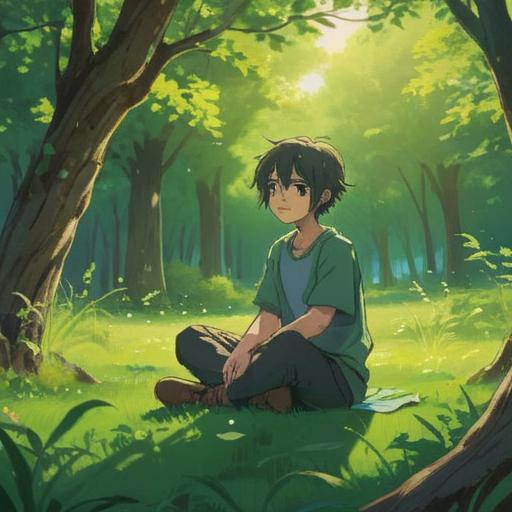 A serene and introspective scene, a figure sitting cross-legged on a lush green meadow, gentle sunlight filtering through the trees, a subtle glow around the left shoulder, symbolic representation of emotional burdens, ethereal atmosphere, soft pastel colors, calming landscape, 4k