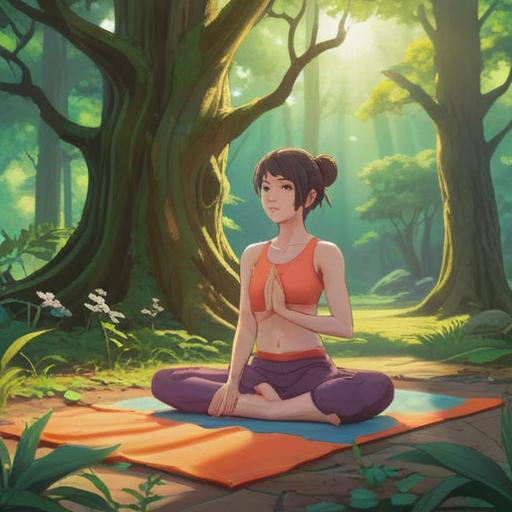 A serene and calming scene depicting a person practicing yoga in a tranquil setting, surrounded by nature, soft sunlight filtering through trees, gentle breeze, harmonious balance of mind and body, peaceful atmosphere, mindfulness, rejuvenation, vibrant greenery, clear blue sky, 4k