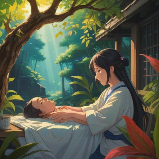 A peaceful and serene scene depicting a person experiencing a gentle shoulder massage, soft light filtering through leaves above, symbols of spirituality subtly integrated into the environment, warm colors, relaxed expression on the person's face, nature-themed elements surrounding them, hints of energy flow, inviting ambiance, harmonious atmosphere, detailed textures, 4k