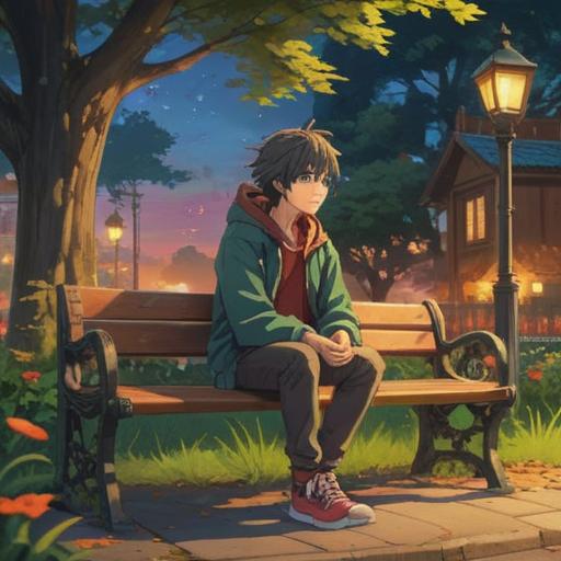 A serene and contemplative scene, a person sitting on a park bench, looking down at a left shoelace that has come undone, soft sunlight filtering through the trees, a sense of reflection and mindfulness, gentle breeze moving through the leaves, vibrant colors of nature surrounding, symbolism of release and letting go, peaceful atmosphere, 4k