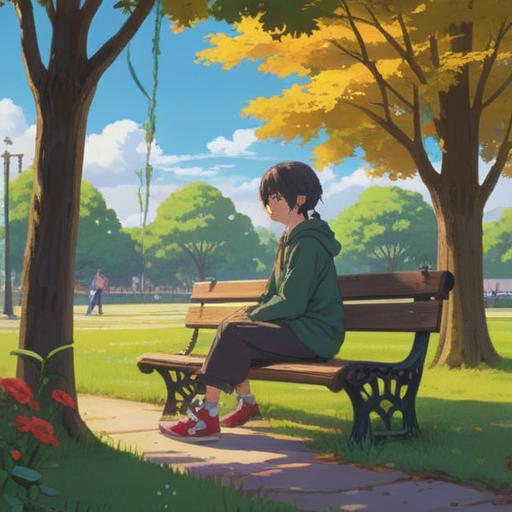 A serene moment captured in nature, a person sitting on a park bench, their left shoelace untied fluttering gently in the wind, surrounded by vibrant greenery and blooming flowers, golden sunlight filtering through the trees, symbolizing spiritual awakening and positive transformation, peaceful ambience, uplifting energy, reflective expression on the person's face, 4k