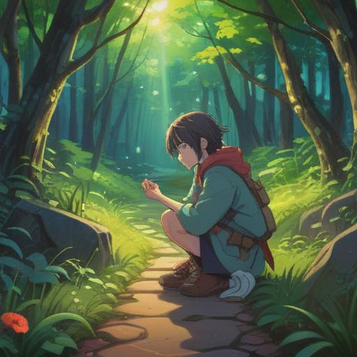 A serene and introspective scene, a person kneeling on a path, looking at their left shoelace that is untied, surrounded by ethereal light, symbolic imagery of mindfulness and awareness, nature elements like trees and flowers, gentle color palette, calming atmosphere, spiritual symbolism intertwined with everyday life, inviting reflection and contemplation, 4k