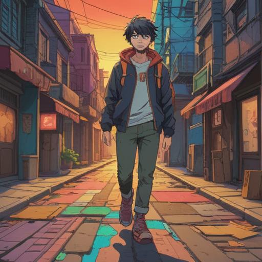 A dynamic scene of a person walking with their left shoelace undone, vibrant street background, a sense of movement and spontaneity, sunlight filtering through trees, cheerful expressions of passersby, symbols of good luck around, whimsical atmosphere, 4k