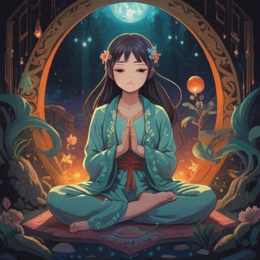 A serene and mystical illustration, an ethereal figure meditating with a glowing light on the left hip, surrounded by symbols of spirituality, gentle aura radiating from the hip area, tranquil nature background, soft pastel colors, harmonious atmosphere, intricate details of the surrounding flora and fauna, 4k