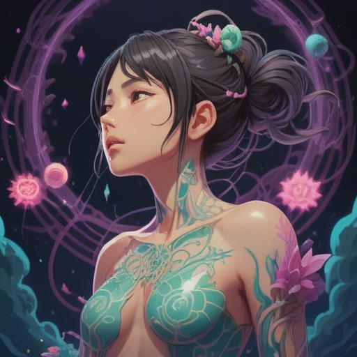 A serene illustration of a person experiencing pain in their left shoulder blade, surrounded by ethereal symbols representing spiritual signs, calming colors, gentle light radiating from the shoulder area, a peaceful nature background, hints of energy flow around the body, introspective expression, harmonious atmosphere, 4k