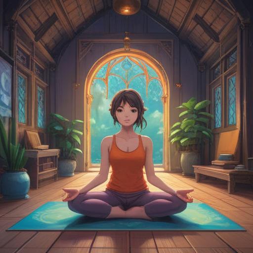 A serene and tranquil scene, a peaceful meditation space, soft natural lighting, a person sitting cross-legged on a yoga mat, surrounded by plants and candles, gentle water sounds in the background, peaceful expression, a sense of harmony and balance, inviting atmosphere, 4k