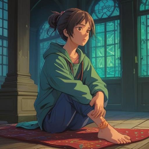 A serene and introspective illustration, a person sitting cross-legged with a thoughtful expression, a glowing aura surrounding their left heel, symbols of healing and energy flow, soft pastel colors, nature elements like trees and flowers in the background, calming atmosphere, spiritual reflection, 4k