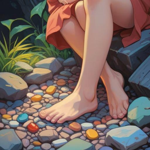 A serene illustration of a person gently massaging their left heel, surrounded by various lucky stones, soothing colors, a tranquil setting with soft natural light, emphasizing the healing properties of the stones, a calm and peaceful atmosphere, detailed textures of the stones, 4k