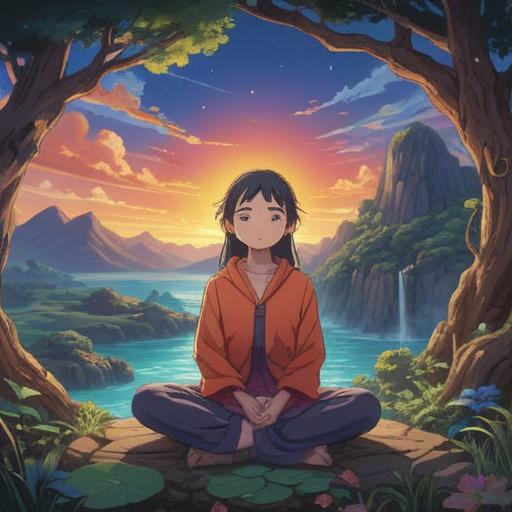 A mystical and serene landscape, a figure meditating with an aura of light, emphasizing the left eyebrow, symbolic representations of spiritual signs, nature elements like trees and flowing water, vibrant colors, tranquil atmosphere, celestial motifs surrounding the figure, 4k