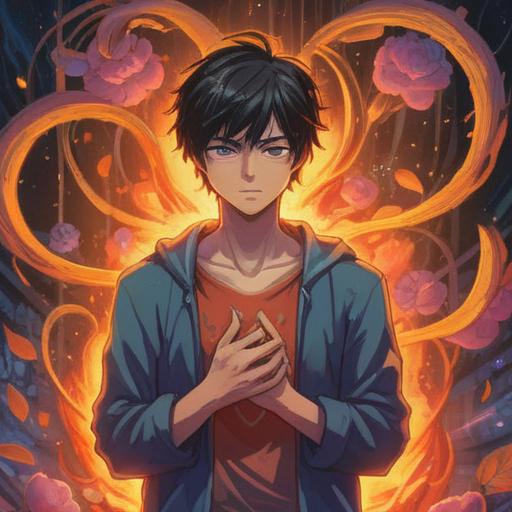 A tranquil scene depicting a person holding their left chest, surrounded by a soft, ethereal glow, symbolic representations of heart and emotions, serene landscape in the background, gentle colors reflecting calmness and healing, mystical elements like feathers and light orbs, suggestive of spiritual awakening, 4k