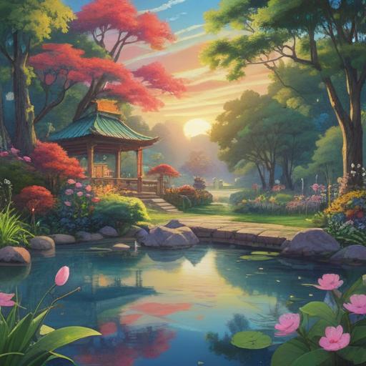 A serene landscape representing spiritual healing, a peaceful garden with vibrant flowers, a tranquil pond reflecting the sky, individuals practicing mindfulness meditation, soft rays of sunlight filtering through trees, calming atmosphere, detailed nature elements, 4k