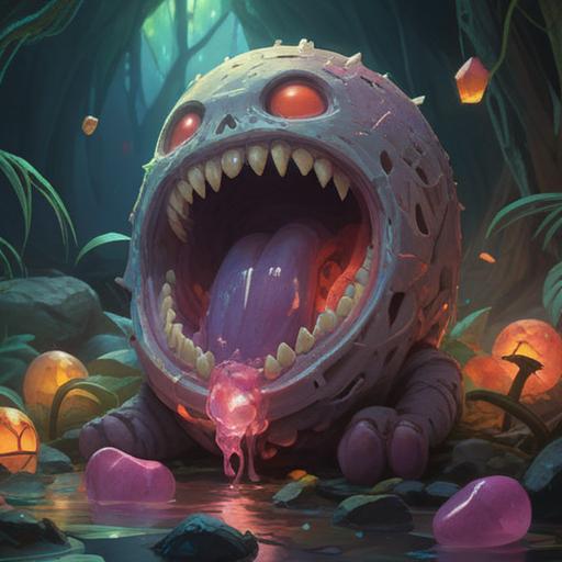 A mysterious lucky stone illuminating the energy from a left molar, glowing with a radiant aura, intricate gemstone details, dental motifs, vivid colors, enchanting atmosphere, surreal elements, magical realism, 4k