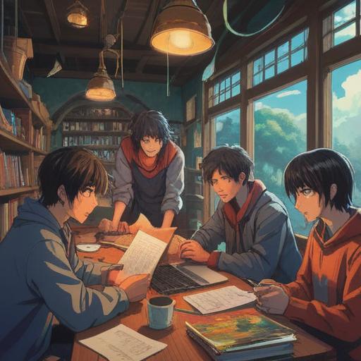 A visually engaging illustration depicting a diverse group of people collaborating around a large table, notes and documents scattered, laptops open, vibrant colors, harmonious atmosphere, sense of teamwork, various expressions of concentration and enthusiasm, 4k